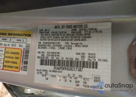 2016 Ford Fusion Titanium из США, поврежденный, VIN 3FA6P0K9XGR217587